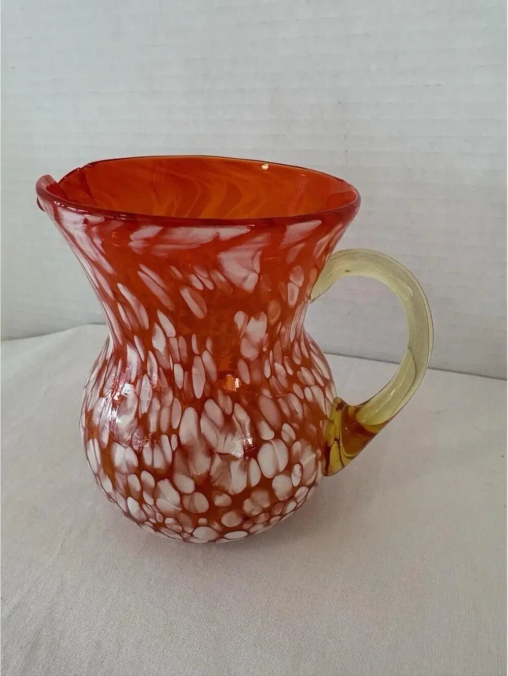 Vintage Hand Blown Rainbow Art Glass Pitcher Small Orange White & Yelllow